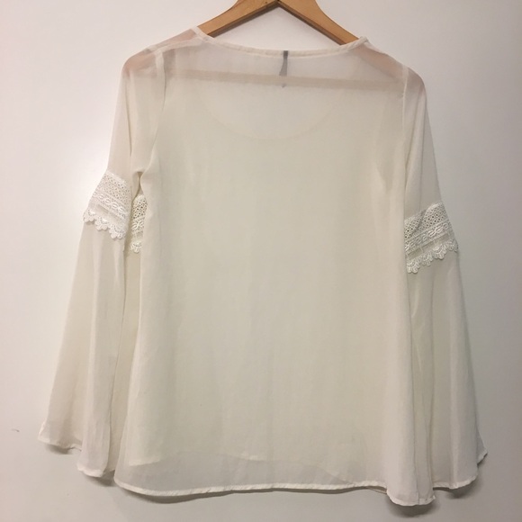 NWOT Sheer Ivory Bell-Flare Crochet Sleeve Top - Picture 2 of 6